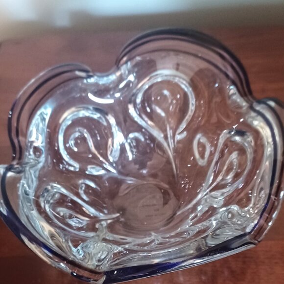 Vtg Lillian Vernon Cobal Ribbon Clear Art Glass Dish - Picture 3 of 5